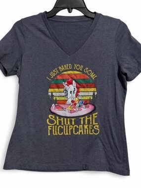 Graphic V-Neck Tee - Charcoal 'Shut The Fucupcakes'